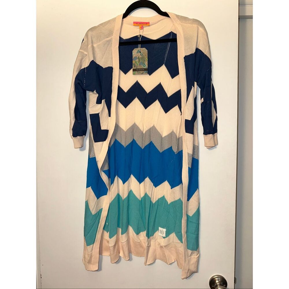 Vilagallo Women Large Isabella Marina Chevron 3/4 Sleeve Cardigan Cream Blue NWT